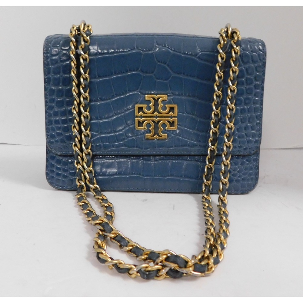 Tory Burch Blue Croc Embossed Leather Crossbody Shoulder Bag